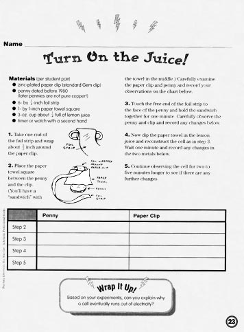 A page from 'Teaching Electricity, Yes You Can!' showing an experiment with electricity called 'Turn on the Juice!'.